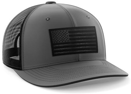 Tactical Pro Supply Trucker Hat - American Flag Hat for Men & Women | Patriotic USA Leather Patch Flag Trucker Snapback Hats Heather Gray Black Flag Snapback