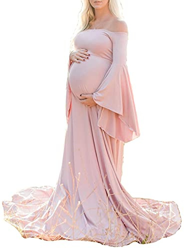 Vuncio Umstandskleid Fotoshooting Langarm Trägerlos Frauen Schwangerschaften Sexy Fotografie Requisiten Von Den Schultern Mutterschaft Festes Maxi Kleid (Rosa, XXL)