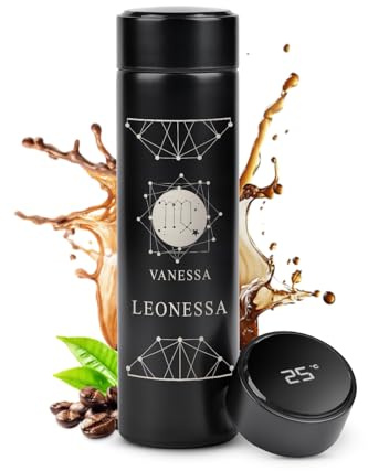 Maverton Thermos per Tè e Caffè, 450 ml, incisione personalizzata | acciaio inossidabile, 100% a prova di perdite, indicatore di temperatura, regalo Donna, segni zodiacali
