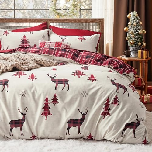 Bedsure Christmas Duvet Cover King, Reversible Plaid Bedding Set, Reindeer