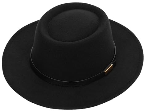 Chapeau Fedora Classique en Feutre pour Femmes et Hommes, Large Bord, Partie supérieure Plate, Chapeau de Bateau (Taille M), en Feutre, Noir, 56-58