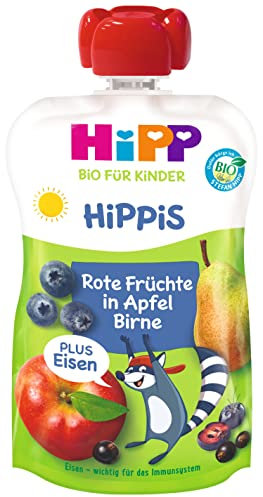 HiPP Bio für Kinder HiPPiS Frucht Plus Rote Früchte in Apfel Birne plus Eisen- Willi Waschbär, 6er Pack (6 x 100 g)
