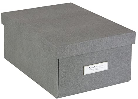 BIGSO KARIN kleine Aufbewahrungsbox mit Deckel – stabiler Organizer aus Faserplatte und Papier in Leinenoptik – praktische Faltbox mit Etikettenrahmen für extra Stauraum – grau