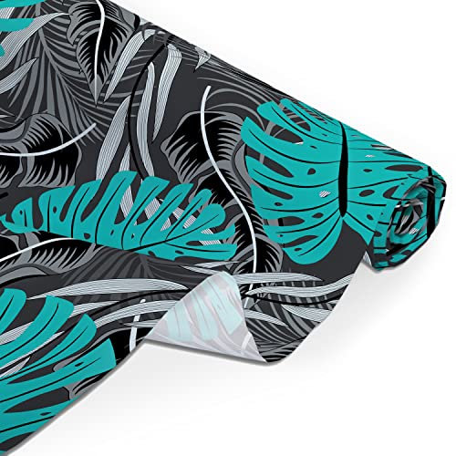 Amilian Baumwollstoff, Meterware für Basteln, Patchwork ca. 160 cm x 200 cm, bastel Baumwolltuch Stoffe Nähstoffe zum Nähen Monstera Türkis Schwarz