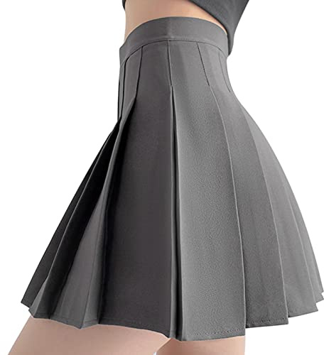 DRESHOW Rétro Jupe Basique Elastique évasée Mini Jupe Plissée Patineuse Décontractée Pour Femmes Filles, Pleated Mini Skirt 04-Darkgray, XS