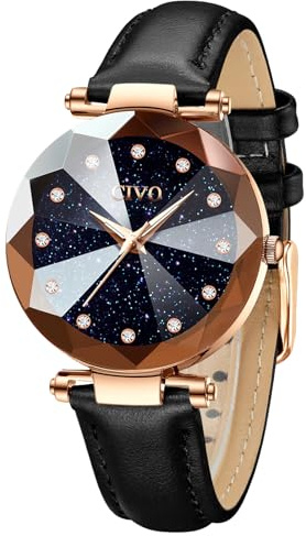 CIVO Damen Uhr Wasserdicht Sternen Lederarmband Elegant Beiläufig Quarzuhr für Damen Schwarz