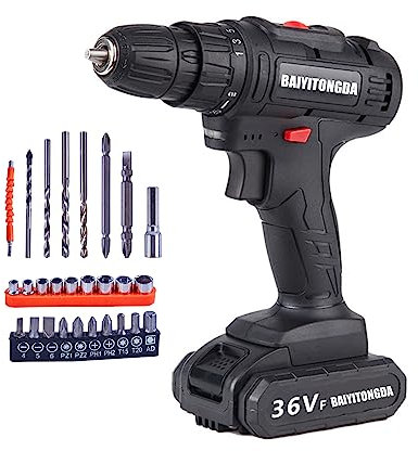 Trapano a Batteria da 36 V, Trapano Ricaricabile Agli Ioni di Litio, Cacciavite a Batteria, Set di Trapani Multifunzione a 2 Velocità, Mandrino Autoserrante da 3/8, 27 Accessori