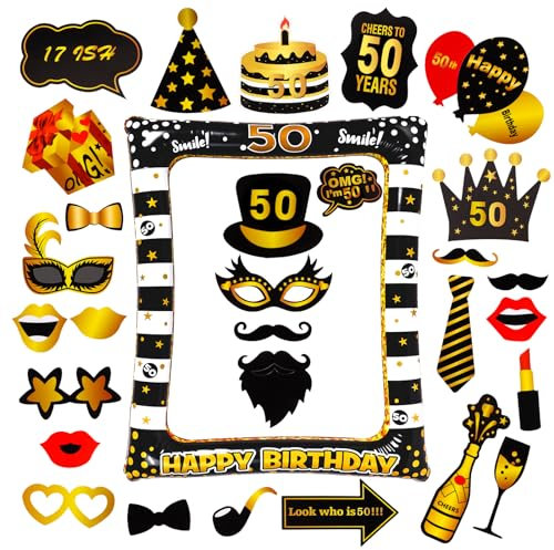 50 Geburtstagsfeier lustige Fotorequisiten 50 Geburtstag Foto Requisiten, 50 Geburtstag Frau Mann Foto Requisiten Geschenke 30 Stück Foto Requisiten und 1 Stück aufblasbarer Rahmen