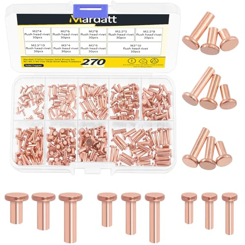 Mardatt 270Pcs Flat Head Copper Solid Rivets Kit, M2 M2.5 M3 Solid Copper Rivets Fasteners, Flat Head Rivets Solid Copper Rivets for Electrical Applications, Leather Working Supplies