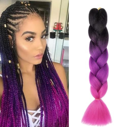 Dcbaboo Extension per Treccine Africane 60cm Kanekalon Extension Treccine Africane Capelli Finti per Treccia Capelli Sintetici 1 Ciocca Ombre Jumbo Braiding Hair, Nero/Viola/Rosa Scura