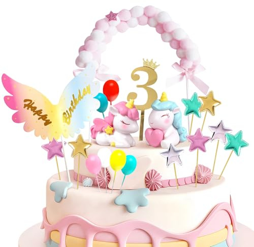 Decoration Gateau Licorne 3 An, Décoration Gteau Anniversaire Fille Licorne 3er, Deco Gteau Cake Cupcake Topper pour Enfant Fille Garçon Anniversaire