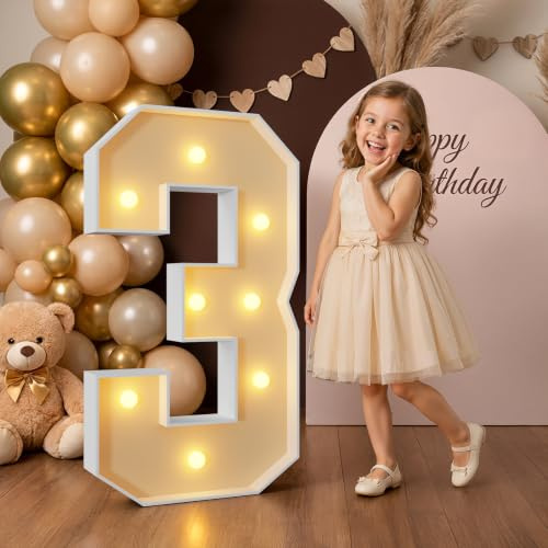 Mixifox 3FT Large Light Up Numbers for Birthday Decoration Giant Numbers 3 | for Party Decorations Wedding Graduation Decorations Foam board Assembly Required Warm White Light 22 Pcs Accessory Set