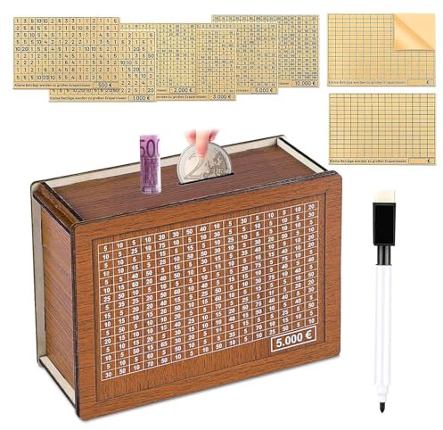 Spardose aus Holz mit Marker Aufklebern,Sparbüchse mit Zähler 5000€ Wiederverwendbare Geldkassette Holzspardose mit Sparziel zum Ankreuzen Sparbox