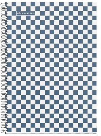 Miquelrius - Cuaderno Escolar 4x4 mm, Tamaño Folio (215 x 309 mm), 80 Hojas de 90 g/m², Cuadrícula 4x4 mm con margen, Encuadernado Espiral, Cubierta rígida, Diseño damero azul