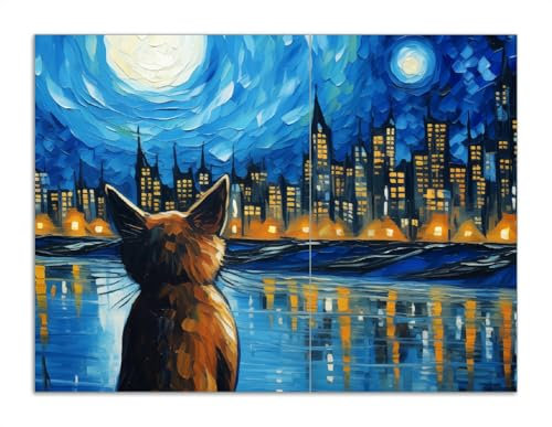 Wallario Herdabdeckplatte/Spritzschutz aus Glas, 2-teilig, 70x52cm mit 13 mm hohen Füßen, für Ceran- und Induktionsherde, Katze im Mondschein