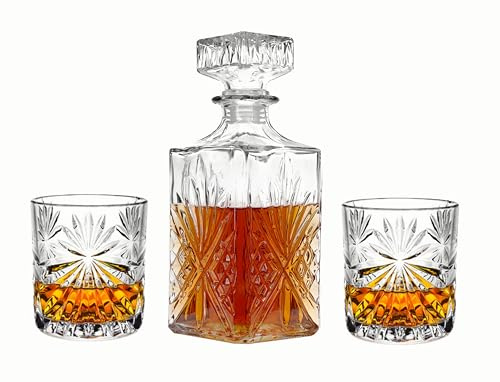 Whiskey Decanter Set,800ML Elegant Liquor Carafe with Ornate Glass Stopper and 2 Matching Whisky Tumblers–Whisky,Scotch, Liquor, Wine, Bourbon, Gin, Rum, Tequila, Vodka and Brandy (Blossom Style)