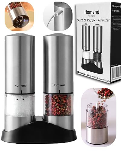 Homend Grindgo Electric Salt & Pepper Grinder Set – Included USB-C, Rechargeable, LED Indicator, Adjustable Ceramic Mill, Automatic One-Hand Operation, Easy to Refill, Premium Stainless Steel