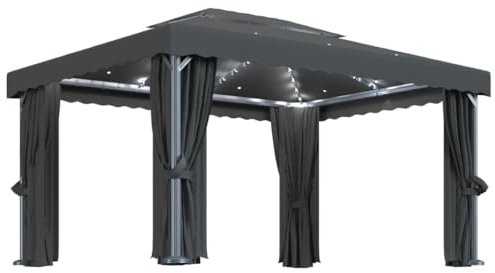 Tent Carport Partyzelt Vorzelt - Pavillon mit Vorhängen & LED-Lichterkette 4x3 m Anthrazit für Garten Festival Terrasse Events