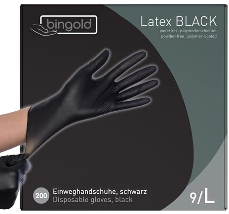 BINGOLD Engångshandskar latex svart – 2 x 100 stycken engångshandskar puderfria, latexhandskar svart, storlek S, M, L, XL – medicinsk kvalitet, hög slitstyrka, optimalt grepp (L)