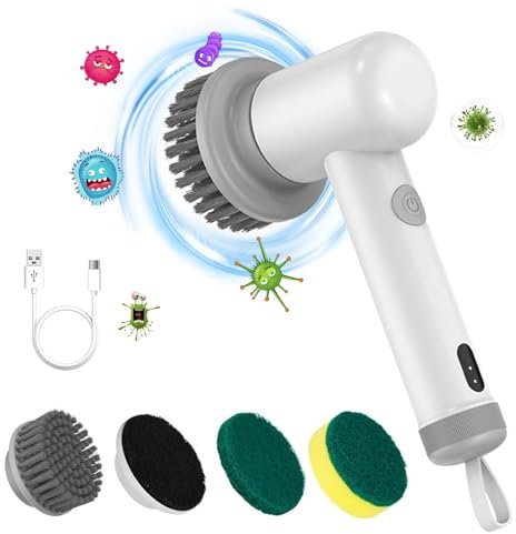 Brosse à récurer électrique sans fil – Brosse de nettoyage portable à 2 vitesses avec 3 têtes de brosse remplaçables pour cuisine et salle de bain – Outil de nettoyage puissant pour sol et voiture