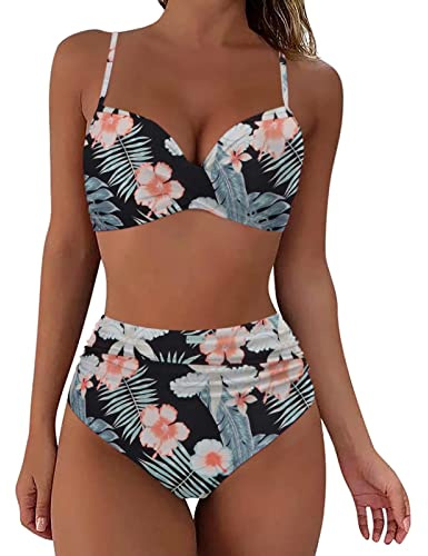 Shffuw Bikini Sets for Women UK Two Piece Swimsuits High Waisted V-Neck Tummy Control Swimwear Top Bottoms Printed Plus Size Bathing Suits Beachwear Swimming Costume Ladies Beach Holiday Clothes