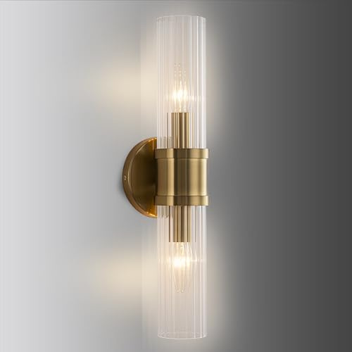 FTL Vintage Wall Lights, Indoor 2-Light Wall Sconce with Clear Striped Glass Shade, Gold Bedside Wall Mounted Lamp Fixture, E14 Inside Lighting for Bathroom Living Room Porch, Hardwired