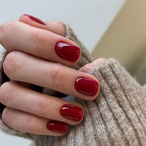 French Press On Nails, 24 Stück Rote Kurze Künstliche Nägel Square, Full Cover Nageltip Tips für Gelnägel, Selbstklebende French Künstliche Nägel, Fingernägel Fake Nails für Frauen ＆ Mädchen (Rot)