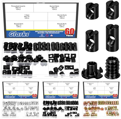 Glarks 60pcs M6 x 10/12/15/20mm schwarze Fass Kreuz Dowels Schlitzmutter Kit, enthält 40pcs Fass Mutter, 10pcs M6x10mm 4-polige Tee-Mutter, 10pcs M6x15mm Hex Socket Gewindemütter