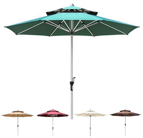Ombrellone da Giardino da 9 Piedi, Tavolo da Esterno per Patio, Ombrellone da Mercato con Manovella, Ombrellone per Cortile, Spiaggia, Piscina, Terrazza, Giardino, Tavolo e Sedia, Prato,Green