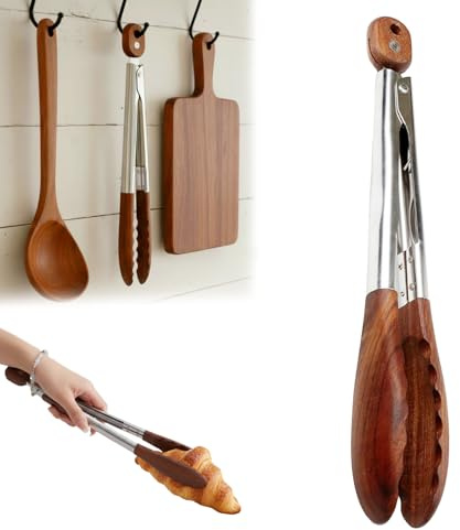 Wooden Tongs for Cooking with Stainless Steel Long Handle – Non-Slip Design, Hanging Hole, Perfect for BBQ, Salad Tossing & Serving, Household Creative Cooking Tongs (9 Inch)