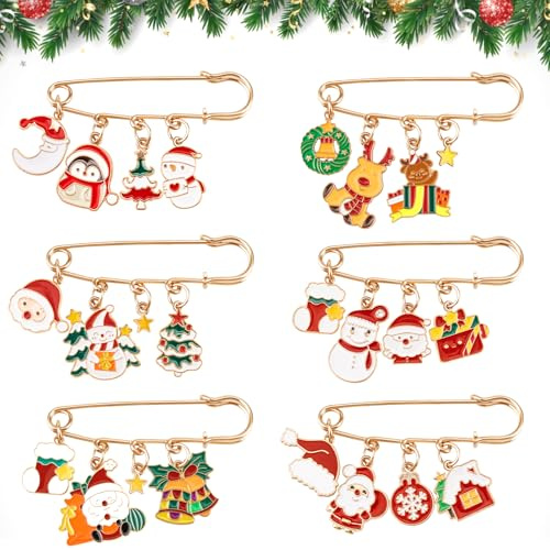 Kiiwah 6 Stück Weihnachtsbrosche Set, Metall Weihnachtsanstecker Anstecknadel Weihnachten Brosche für Kleidung Schmuck Erwachsene Kinder (Gold)