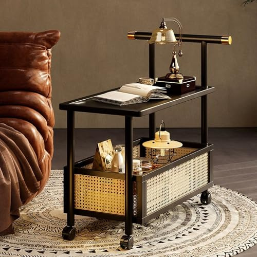 Mesa auxiliar auxiliar de 2 niveles con ruedas para sala de estar, cocina, patio, mesa de acento, diseño estrecho