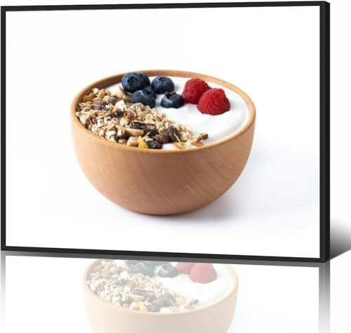 Black Framed Canvas Wall Art Decor for Living Room Bedroom Kitchen Bathroom Office Artwork Painting Yogurt berries and muesli breakfast bowl Close up print picture poster 16x24