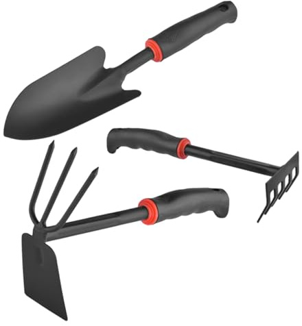 Mipcase Kit Jardinería con Pala Ancha Azada Doble Cara y Rastrillo de Hierro Mango Ergonómico Antideslizante para Casa y Terraza Herramientas Manuales Duraderas para Macetas y Jardinería