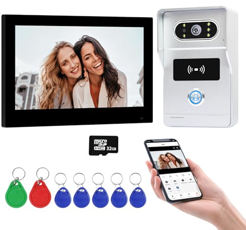 QttyElok 2 Draht WLAN Kabellose Video Türsprechanlage, 1080P HD 7 Zoll Touchscreen Video Intercom System für Zuhause, Video-Türglocke-Kamera mit Monitor, Aufzeichnung, APP/RFID-Karte Entsperren
