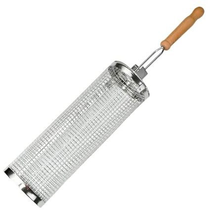 BBQ Rolling Grill Basket - Rotating Cylinder Cage, Stainless Steel Round Barbecue Tube, Even Roasting Basket, Heat Circulation Build | Outdoor Cooking Accessory For Chicken Shrimp Veggies Steak Party