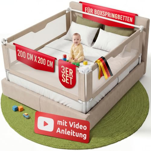 Mallie® Rausfallschutz Boxspringbett 200x200cm Elternbett Beige | 3-seitiges Set mit MALLIEFIX 2.0 Click-System, extra hoch | Bettgitter & Bettschutzgitter für Baby & Kinder