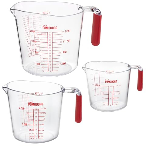 Chef Pomodoro Lot de 3 Verres Mesureurs en Plastique | Graduations Indélébiles et Précises pour Cuisson et Pâtisserie