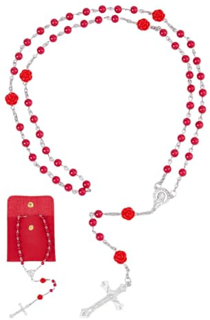 DICOSMETIC Rosaire, bleu, rouge, violet, blanc, chapelet de perles, collier en alliage, croix de Jésus, collier pour femmes et hommes, avec 1 pochette d'emballage en cuir synthétique, 70cm, Alliage +