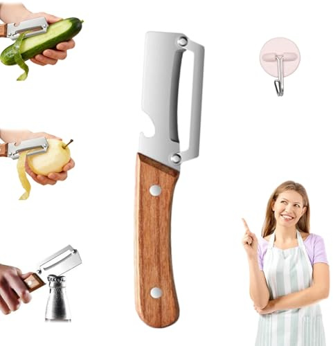 Multi-Functional Vegetable Peeler for Kitchen, Stainless Steel Multifunctional Easy Peelers, Fruit Peeler with Wooden Handle and Bottle Opener, for Easy Potato, Fruit & Veggie Peeling (1Pc)