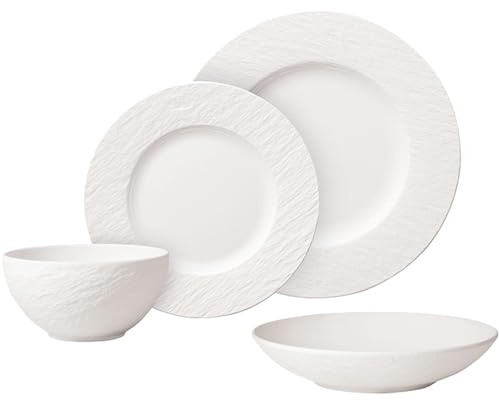 Villeroy & Boch Manufacture Rock Blanc Service de table, 16 pièces, pour 4 personnes, en porcelaine de qualité supérieure, blanc
