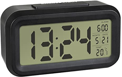 TFA Dostmann Lumio Digitaler Wecker, 60.2018.01, mit Innentemperatur, Anzeige von Uhrzeit und Datum, automatische Nachtbeleuchtung, LCD Display, schwarz, L 138 x B 48 x H 79 mm
