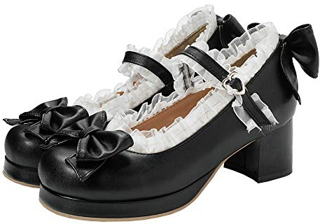 LUXMAX Women Kawaii Mid Block Heel Mary Jane Rockabilly Pumps with Bow Platform Chunky Heel Cute Sweet Shoes, Size 7 M US,Black