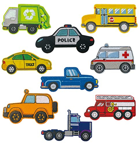 9 Stück Bügelflicken für Kinder, Engineering Car Patch Kit, Gestickte Applikation zum aufnähen/aufbügeln für Jacken T-Shirt Jeans Backpack und alle Kleidung (Wagen)