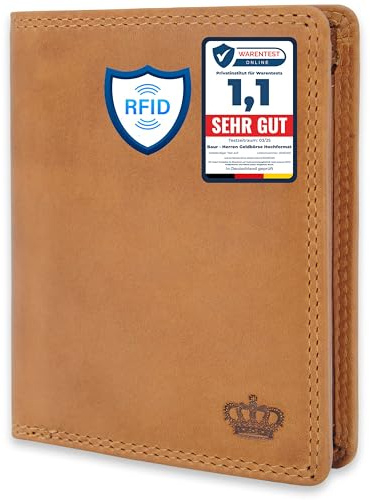 Baur portafoglio da uomo – vera pelle con protezione RFID – portafoglio grande verticale con 12 scomparti carte – ampio scomparto portamonete (Formato verticale con bottone interno, Cognac)