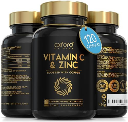 Vitamin C and Zinc Capsules, 1200mg Vitamin C Boosted with 40mg Zink & 2mg Copper per Serving | 120 High Strength Vegan Capsules | Balanced VIT C and Zinc Supplements for Women & Men | Made in The UK