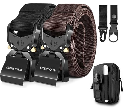 Leskyair 2er Herren Taktischer Gürtel, Arbeitsgürtel Hochleistungsgürtel, Gürtel Militär Wandern 3,8cm Breite, Geschenk mit Molle Beutel und Wasserflaschenclip Haken