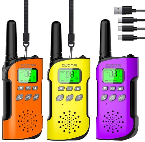 AWANFI Walkie Talkie Kinder 3er Set, Walkie Talkie Aufladbar mit Li-ion Akku, Funkgerät Set, 2-Wege-Radio mit VOX, Taschenlampe, Walky Talky Camping Abenteuer, Geschenk für Kinder de 3-12 Jahre