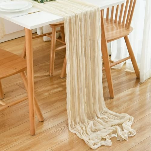 PAITOK Käsetuch Tischläufer, 90 * 300 cm Boho Gaze Stoff Tischdecke Rustikale Tischabdeckung Musselin Dekorationsstoff für Hochzeit, Baby Shower Party Tischdekoration（Beige）
