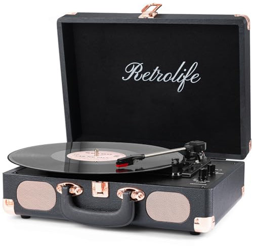 Retrolife® Record Player,3-Speed Bluetooth Suitcase Vinyl Player-Black